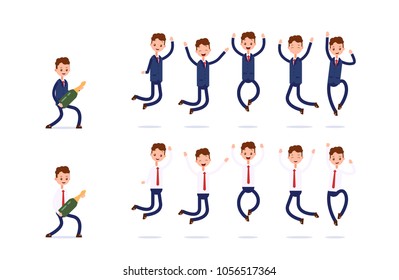 joyful group bounces. opens a bottle of champagne. businessman. cartoon character set