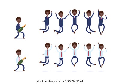 joyful group bounces. opens a bottle of champagne. Black businessman. cartoon character set