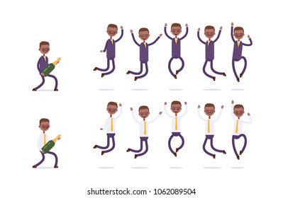 joyful group bounces. opens a bottle of champagne. indian businessman. cartoon character set