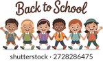 Joyful group of diverse elementary school children holding hands, excited for "Back to School." Perfect for education themes.