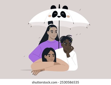 A joyful group of teenagers gathered under a playful panda umbrella, enjoying a creative afternoon filled with laughter and friendship amidst a pastel backdrop