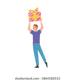 Joyful Guy Holding Gift Box over His Head, Happy Person with Holiday Symbol, Happy Birthday Concept Cartoon Style Vector Illustration