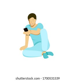 Joyful guy with a phone. A man in a blue outfit. The guy is sitting and watching the phone enthusiastically. Vector illustration.