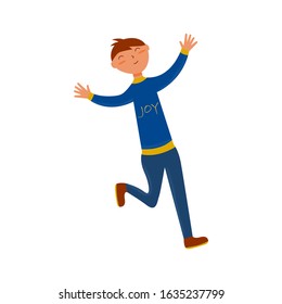 Joyful guy runs with outstretched arms in a blue suit with the words joy. Flat illustration on a white background. Success concept vector