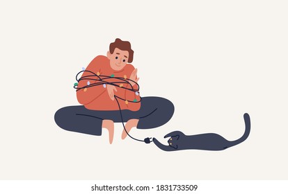 Joyful guy sitting in wrapped Christmas garland playing with cat vector flat illustration. Happy man and pet spend time at Xmas eve isolated. Male domestic animal owner preparing to holiday