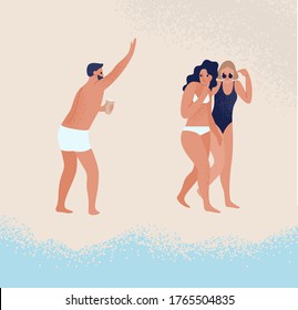 Joyful guy in swimwear greeting female in bikini on beach vector flat illustration. Friendly male hold cold beverage get acquaintance with women waving hand. People flirting enjoy summer vacation