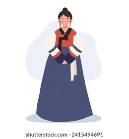 Joyful Hanbok Greeting. Smiling Asian Woman in Korean Hanbok  Saluting with Joy and polite