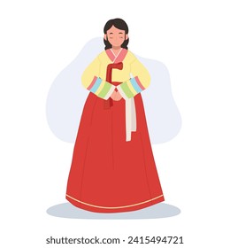 Joyful Hanbok Greeting. Smiling Asian Woman in Korean Hanbok  Saluting with Joy and polite