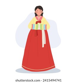 Saludo alegre de Hanbok. Sonriente asiática en Hanbok coreano saludando con alegría y cortesía