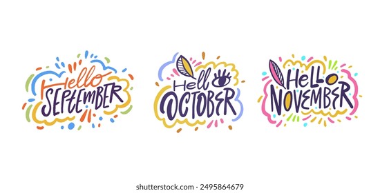 Joyful hand lettered designs welcoming September, October, and November with colorful, playful elements