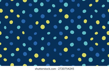 Patrón de lunares dibujado a mano en verde azulado, amarillo y azul marino. Perfecto para el diseño textil, la marca, los Sitios web o los fondos lúdicos.  Evoca una sensación de diversión, energía y maravilla infantil.