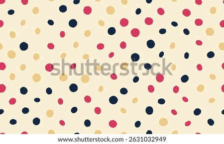 Joyful, handdrawn polka dot pattern in red, gold, and navy on a cream background. Perfect for textiles, wrapping paper, or website design.
