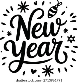 Joyful Hand-Lettered New Year Design with Festive Stars and Holiday Ornament Graphic