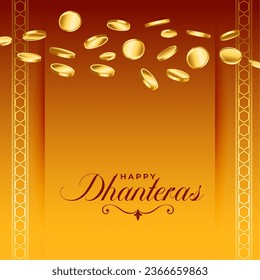 joyful happy dhanteras greeting background with golden coin decoration vector