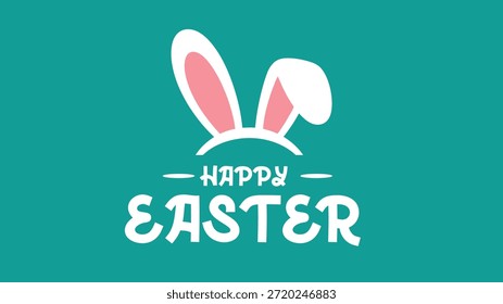 Joyful Happy Easter graphic design featuring cute white bunny ears on a vibrant teal background celebrating the spring holiday season