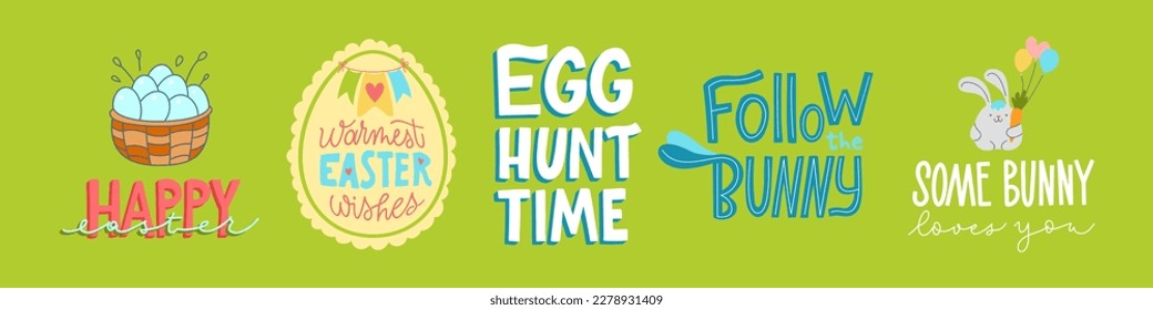 Joyful Happy Easter hand-drawn lettering set for greeting cards, social media posts, stickers. Colorful candy pastels spring vector illustration in flat style.