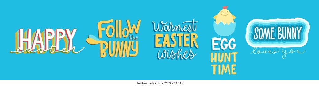 Joyful Happy Easter hand-drawn lettering set for greeting cards, social media posts, stickers. Colorful candy pastels spring vector illustration in flat style.
