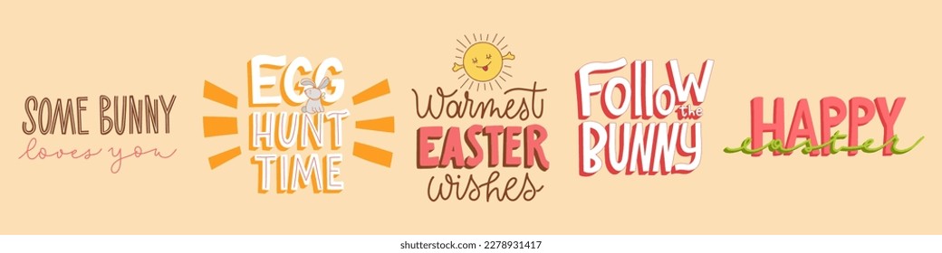 Joyful Happy Easter hand-drawn lettering set for greeting cards, social media posts, stickers. Colorful candy pastels spring vector illustration in flat style.