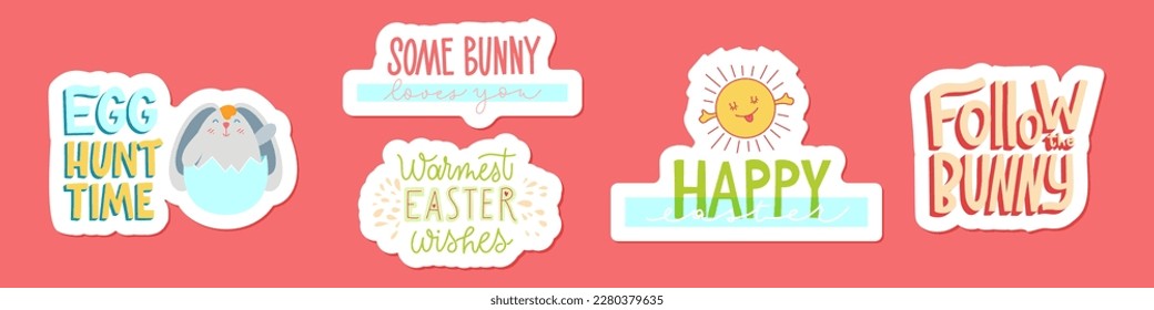 Joyful Happy Easter hand-drawn lettering set for greeting cards, social media posts, stickers. Colorful candy pastels spring vector illustration in flat style.