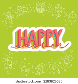 Joyful Happy Easter hand-drawn lettering for greeting cards, social media posts, stickers. Colorful candy pastels spring vector illustration in flat style.
