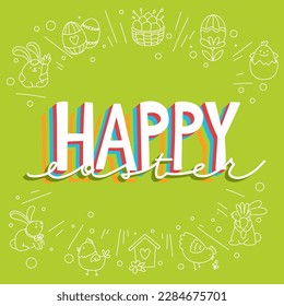 Joyful Happy Easter hand-drawn lettering for greeting cards, social media posts, stickers. Colorful candy pastels spring vector illustration in flat style.