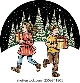 Joyful happy girl and boy gift boxes christmas
