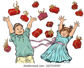 Joyful happy girl and boy. Red gift boxes. Birthday or christmas background. Pop art retro vector illustration kitsch vintage 50s 60s style