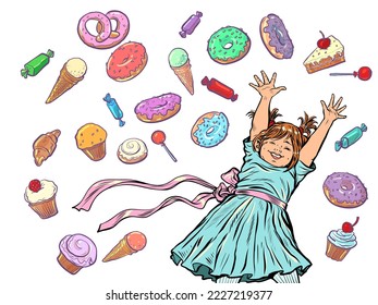 Joyful happy girl. Confectionery sweets candy cupcake donut cake ice cream. birthday background. Pop art retro vector illustration kitsch vintage 50s 60s style