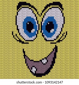 Joyful and happy grimace with an open mouth on an unsaturated yellow background, knitting vector pattern as a fabric texture