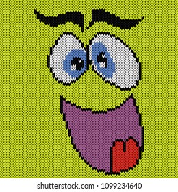Joyful and happy grimace with an open mouth on the bright green background, knitting vector pattern as a fabric texture