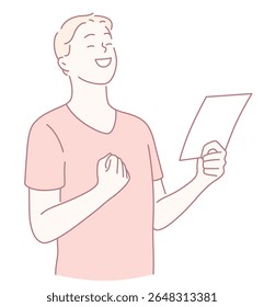 A joyful and happy man is excitedly reading a document, clearly showing his passion and deep engagement in it