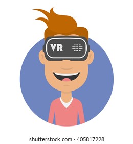 Joyful and happy man in virtual reality headset. Gaming Cyber technologies. Glasses VR flat icon. VR technology. Cartoon virtual reality concept