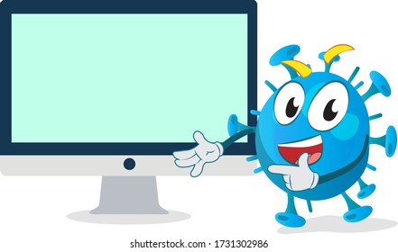 joyful happy virus character pointing something on the blank display monitor