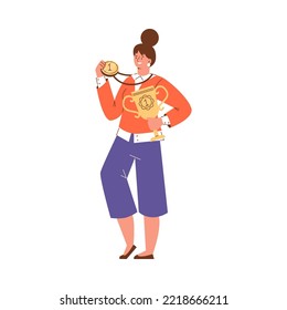 Joyful happy young woman showing gold medal and trophy cup, flat cartoon vector illustration isolated on white background. Award for win in competition or rivalry.