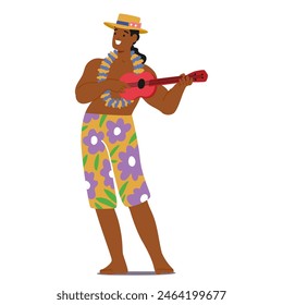 Joyful Hawaiian Man Playing The Ukulele, Adorned In A Colorful Floral Attire And A Traditional Lei, Character Embodying The Spirit And Cultural Heritage Of Hawaii. Cartoon People Vector Illustration