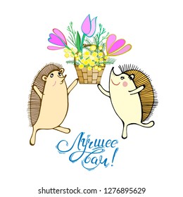 Joyful hedgehogs with a basket of flowers on a white background. With the inscription Best to you! Color card for the holiday. Vector graphics.
