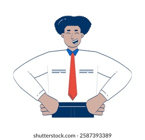 Joyful hispanic businessman holding hands on hips 2D doodle character. Happy latin american man office employee cartoon person vector drawing isolated on white. Hand drawn illustration colorful