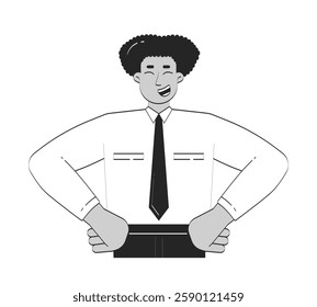 Joyful hispanic businessman holding hands on hips doodle linear character. Happy latin american man office employee 2D vector outline person isolated. Hand drawn drawing illustration monochrome