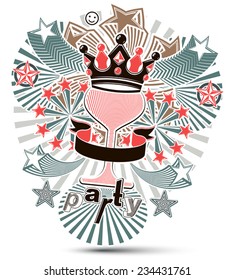 Joyful holiday background with stylized 3d monarch crown placed over glass goblet. Celebration and party theme poster with beautiful stars and bright rays. Design elements can be used separately.