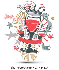 Joyful holiday background with stylized 3d monarch crown placed over glass goblet. Celebration and party theme poster with beautiful stars and bright rays. Design elements can be used separately.