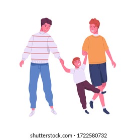 Joyful homosexual family having fun vector flat illustration. Two boyfriend and male kid laughing spending time together isolated on white background. Happy guys enjoying parenthood