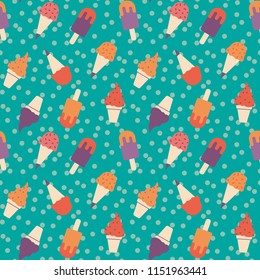 Joyful ice cream vector pattern. Seamless repeat design with decent mint colored polka dot background. Trendy colorful minimal design. Perfect for card design, apparel, wallpapers, scrapbooking etc.