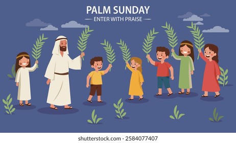  A joyful illustration of children walking with Jesus on Palm Sunday, holding palm branches, with a bright, uplifting background and blue sky.