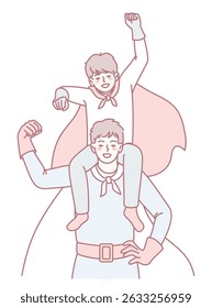 A joyful illustration of a father and child as superheroes, highlighting their strong bond and connection