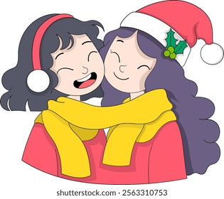 A joyful illustration of two girls dressed in warm winter clothing, including earmuffs, scarves, and a Santa hat with holly decoration