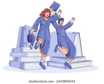 A joyful illustration of two graduates in academic attire jumping with happiness while holding their caps. 
The scene symbolizes educational achievement, knowledge, and the excitement.