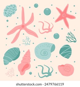 Joyful illustrations of starfish, seashells, coral, and aquatic plants in soft hues, diversity and beauty of the sea. Set of Vector hand drawn illustration.