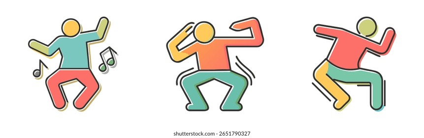 Ilustrações alegres de três figuras dançantes cheias de energia e movimento, representando ritmo e celebração 