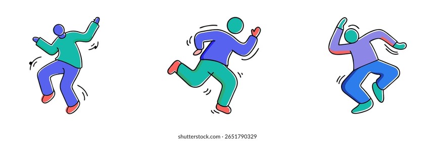 Ilustrações alegres de três figuras dançantes cheias de energia e movimento, representando ritmo e celebração 