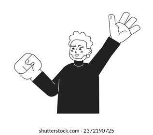 Joyful indian man monochromatic flat vector character. Hand raising up. Show emotions. Happy person. Editable thin line half body person on white. Simple bw cartoon spot image for web graphic design